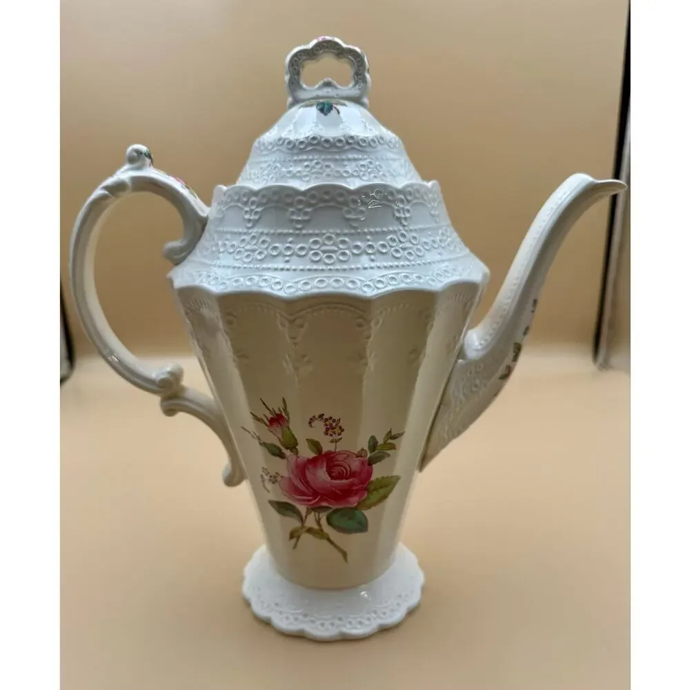 Vintage Spode Billingsley Rose Coffee Pot England Pink Roses Embossed Porcelain